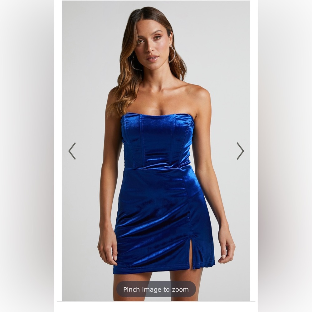 MARCELINA STRAPLESS CORSET VELVET MINI DRESS IN COBALT